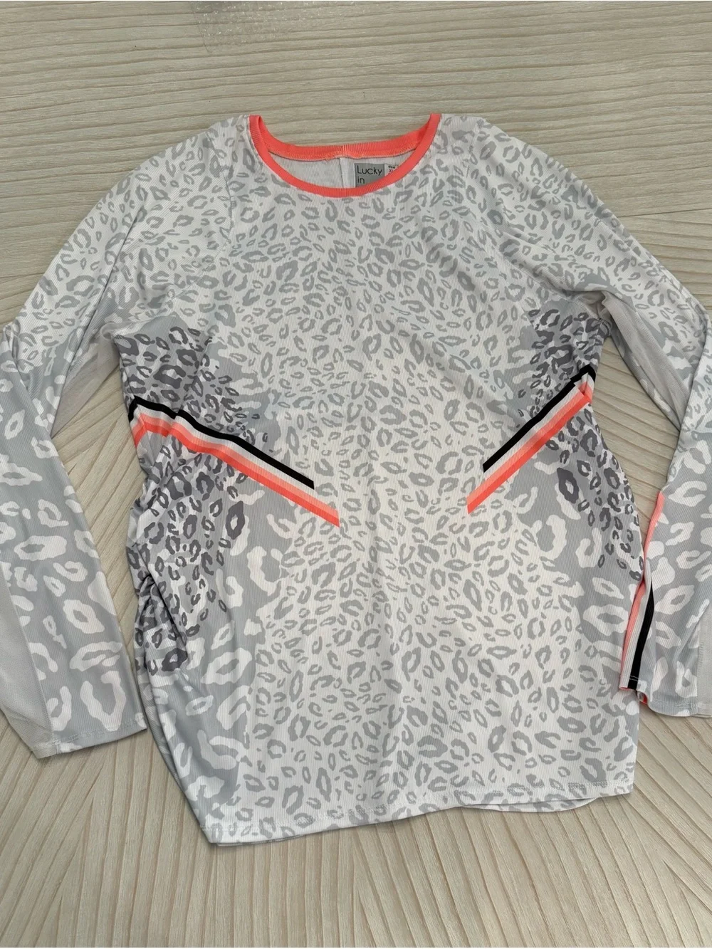 Lucky in Love White & Gray Leopard Print Long Sleeve Tee with Neon Coral Accents - Picture 6 of 6